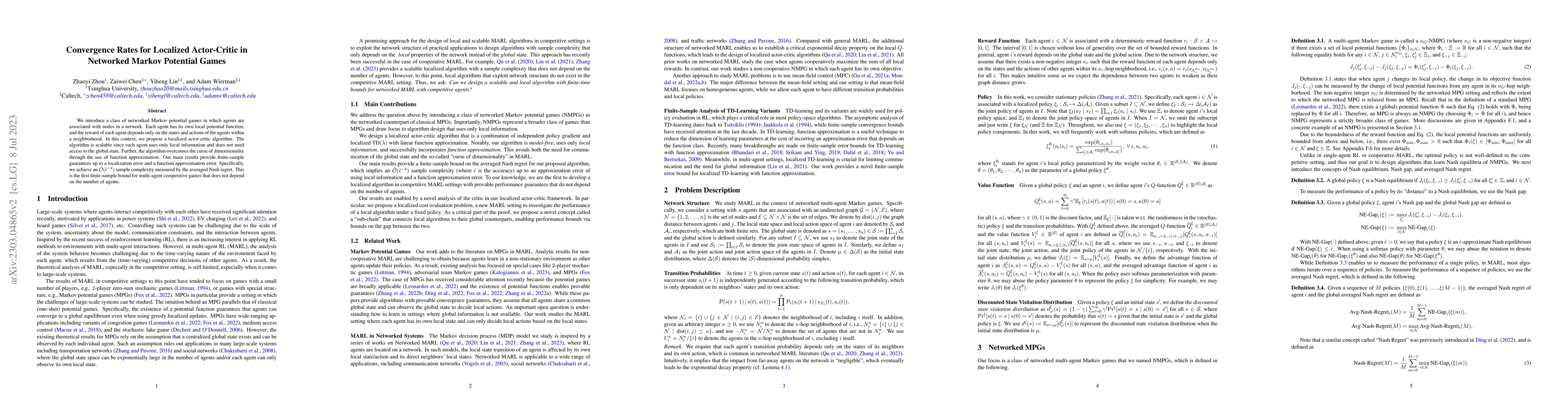 Thumbnail for Convergence Rates for Localized Actor-Critic in Networked Markov
  Potential Games