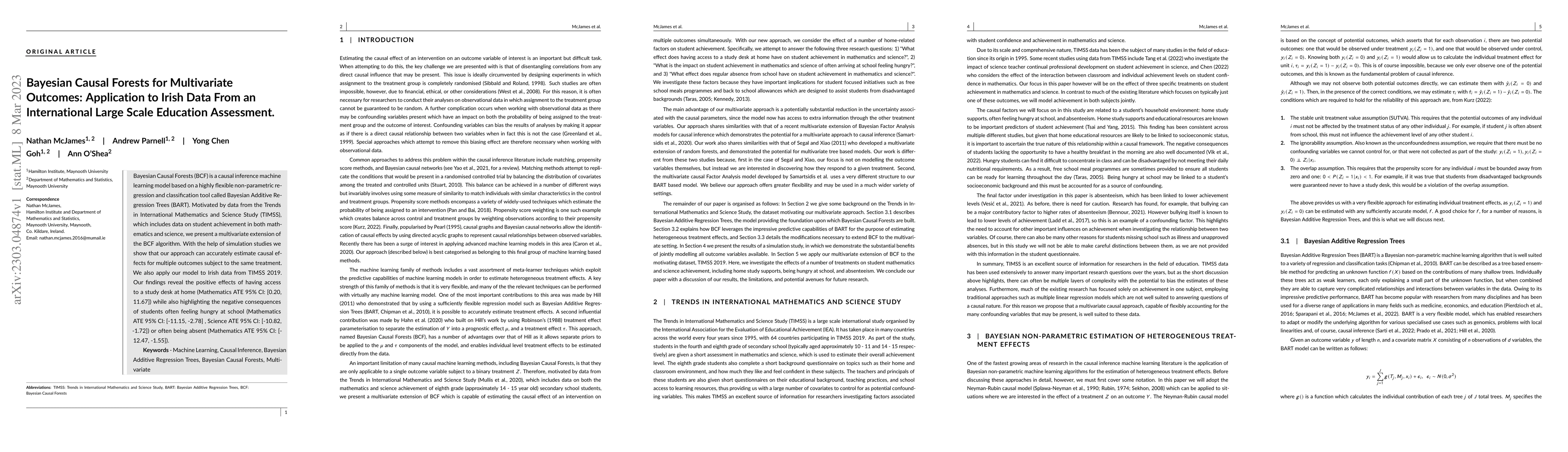 Thumbnail for Bayesian Causal Forests for Multivariate Outcomes: Application to Irish
  Data From an International Large Scale Education Assessment