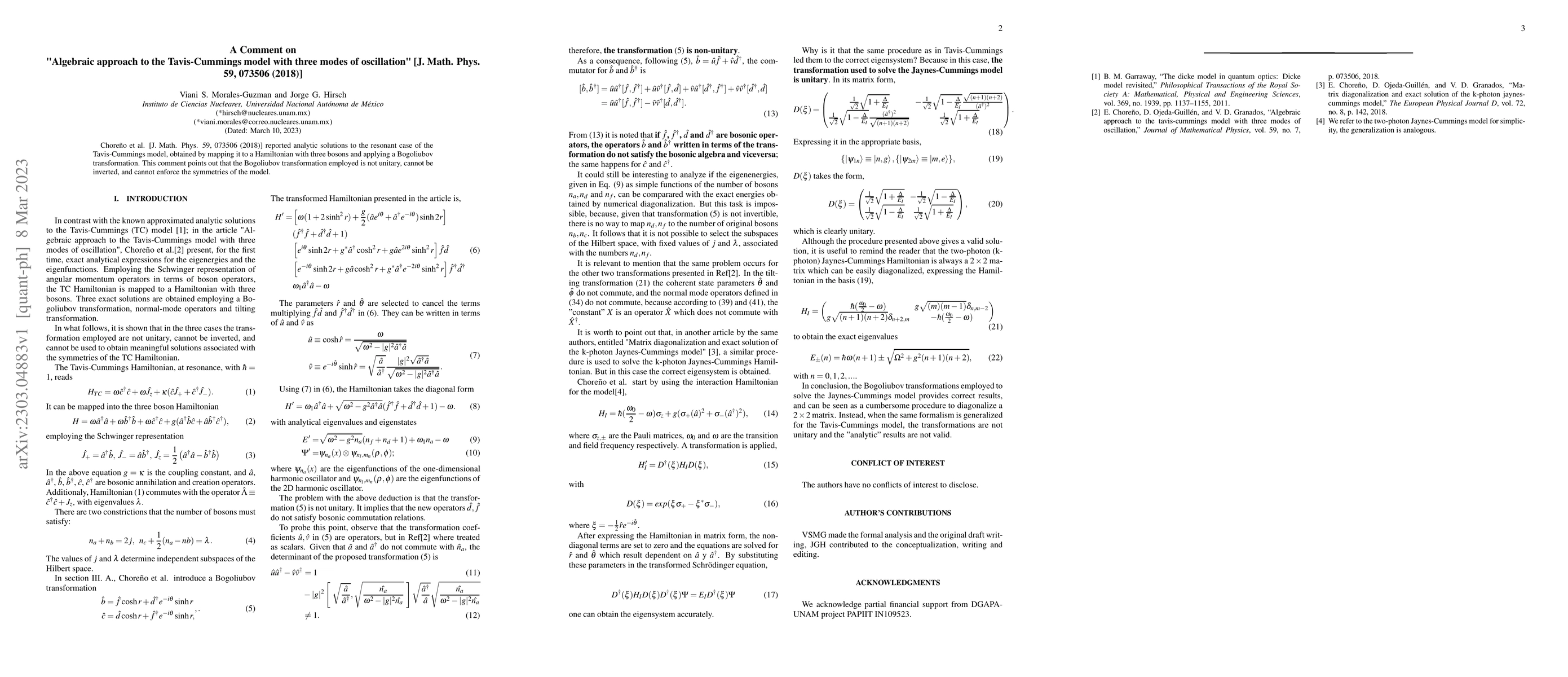 Thumbnail for A Comment on "Algebraic approach to the Tavis-Cummings model with three
  modes of oscillation" [J. Math. Phys. 59, 073506 (2018)]