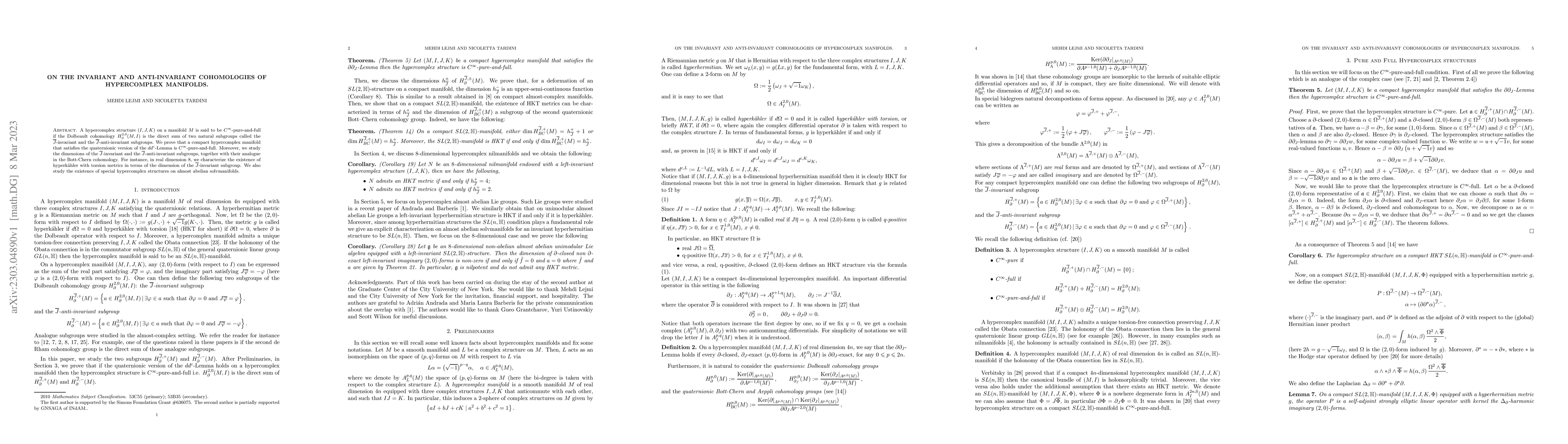 Thumbnail for On the invariant and anti-invariant cohomologies of hypercomplex
  manifolds
