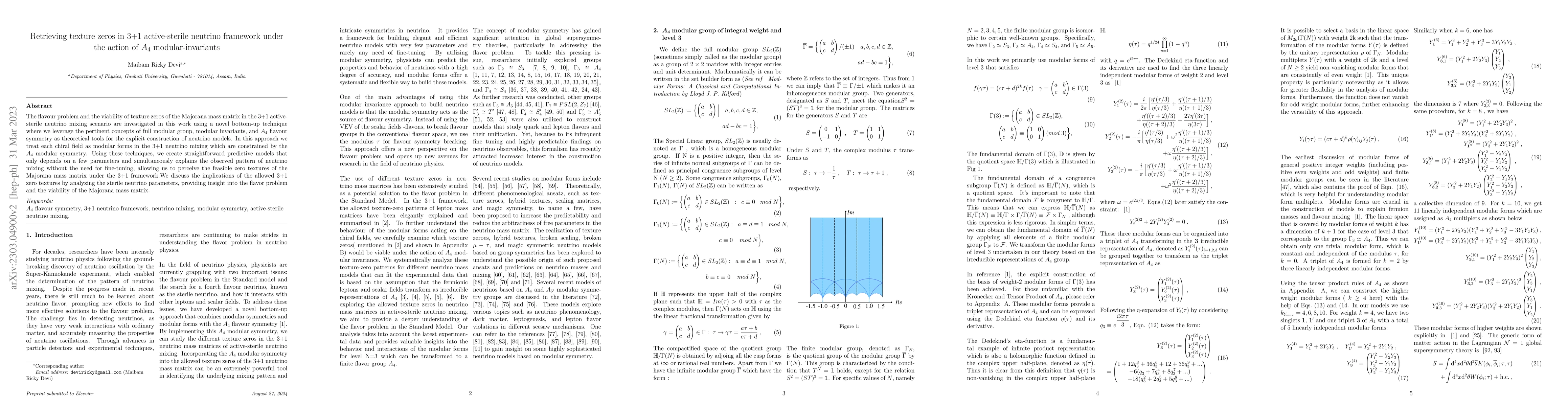 Thumbnail for Retrieving texture zeros in 3+1 active-sterile neutrino framework under
  the action of $A_4$ modular-invariants