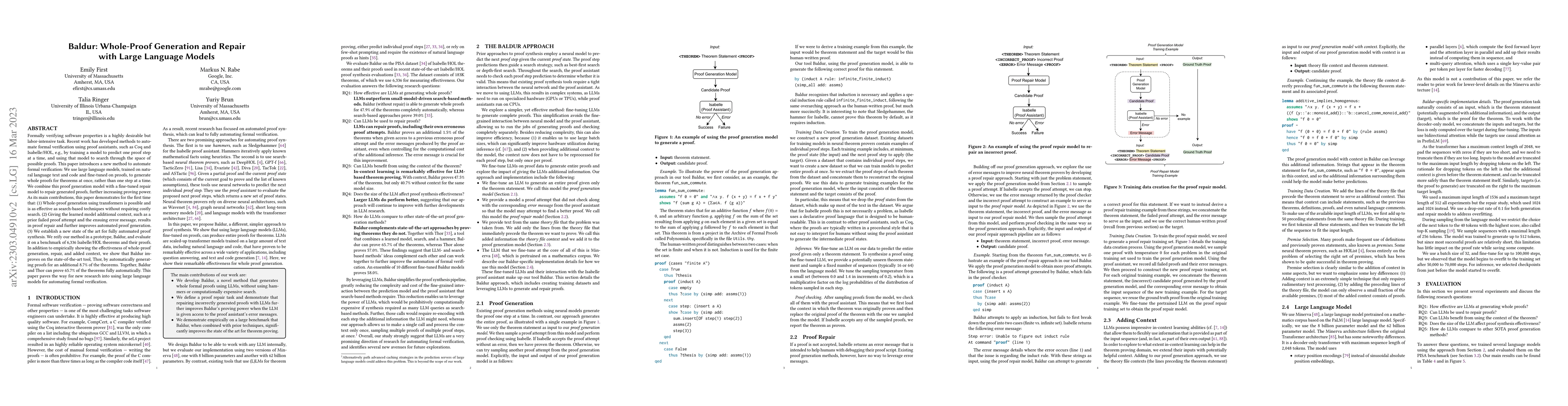 Thumbnail for Baldur: Whole-Proof Generation and Repair with Large Language Models