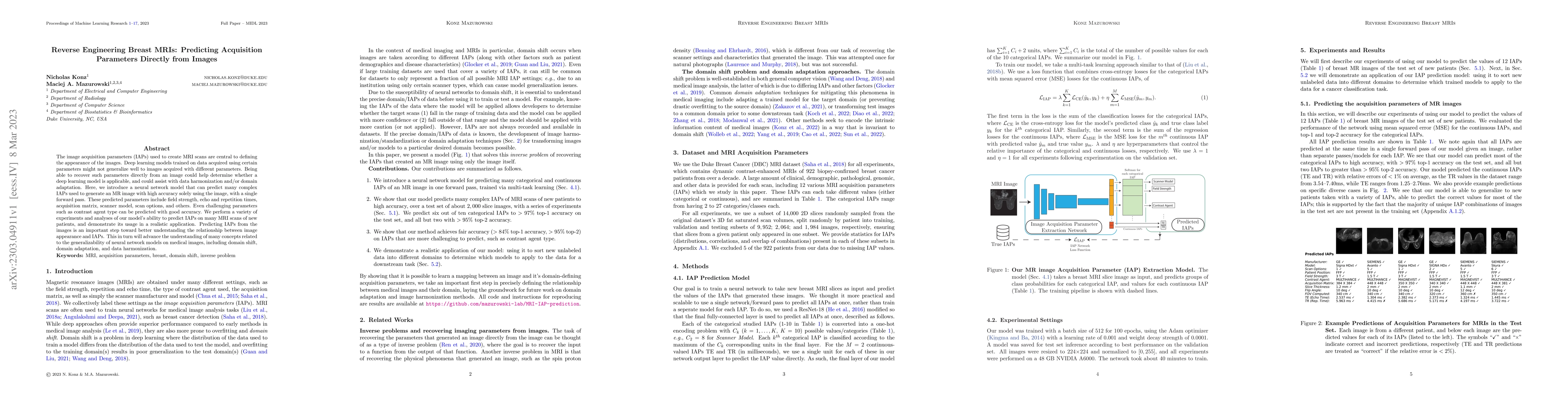 Thumbnail for Reverse Engineering Breast MRIs: Predicting Acquisition Parameters
  Directly from Images