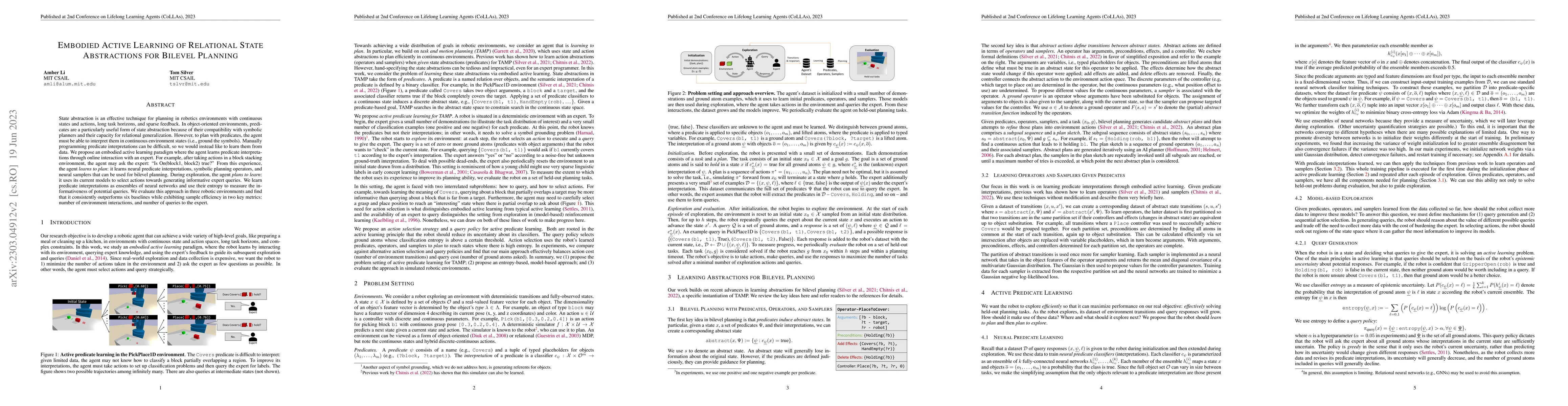 Thumbnail for Embodied Active Learning of Relational State Abstractions for Bilevel
  Planning