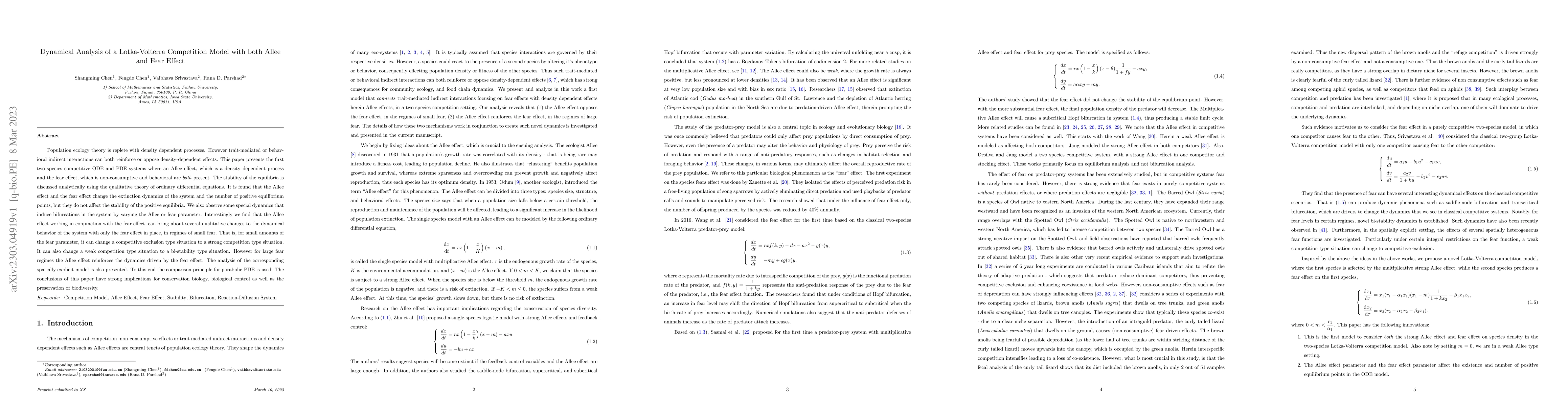 Thumbnail for Dynamical Analysis of a Lotka-Volterra Competition Model with both Allee
  and Fear Effect