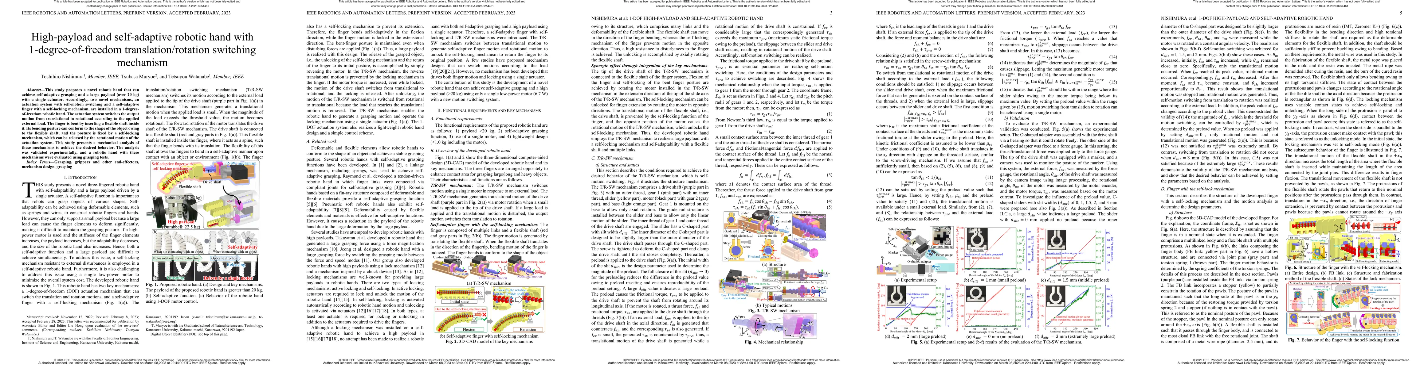 Thumbnail for High-payload and self-adaptive robotic hand with 1-degree-of-freedom
  translation/rotation switching mechanism