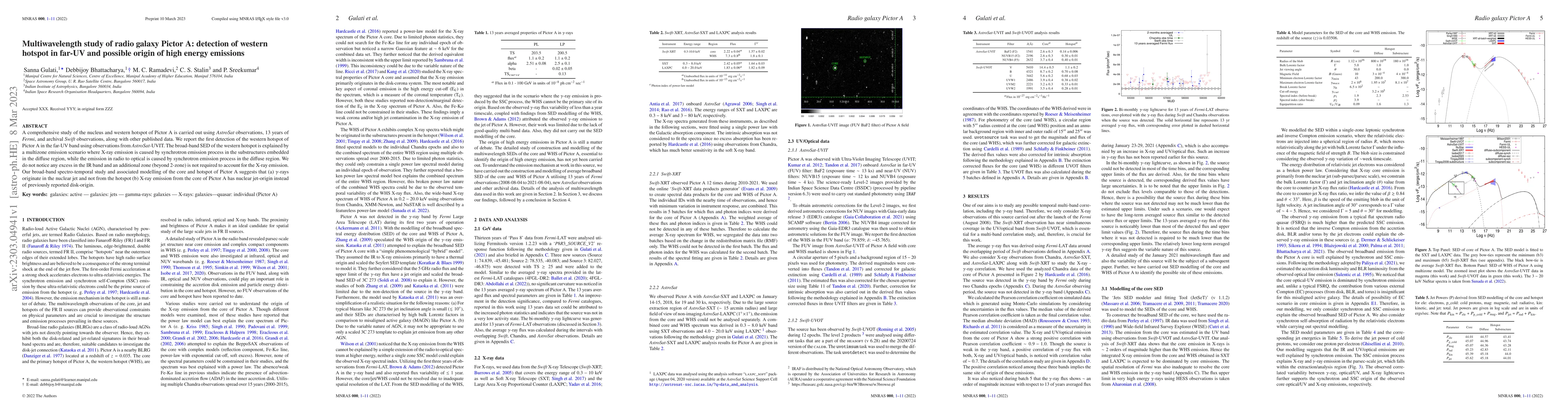 Thumbnail for Multiwavelength study of radio galaxy Pictor A: detection of western
  hotspot in far-UV and possible origin of high energy emissions