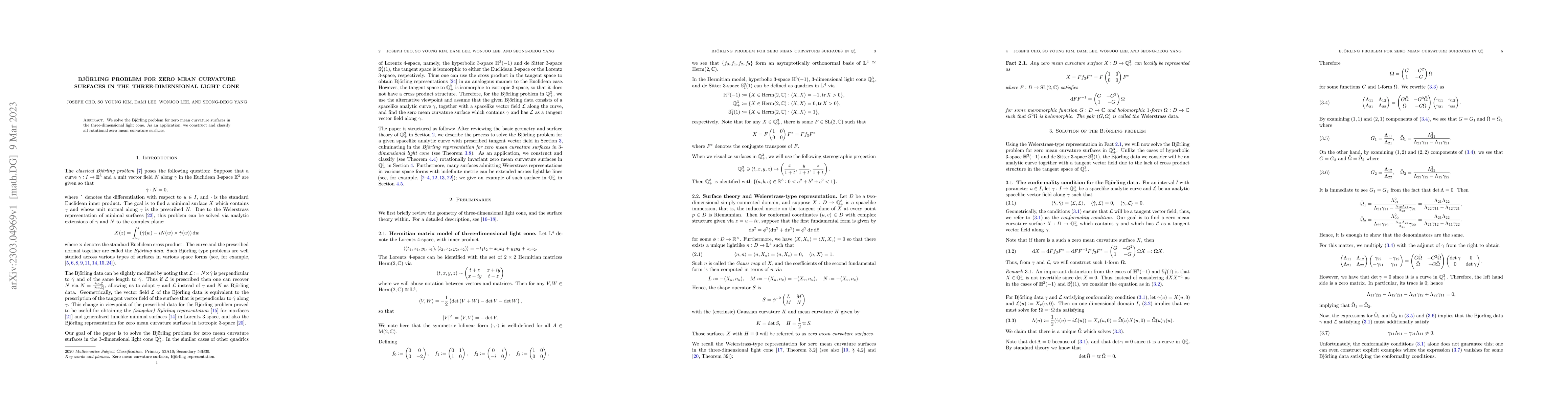 Thumbnail for Bj\"orling problem for zero mean curvature surfaces in the
  three-dimensional light cone