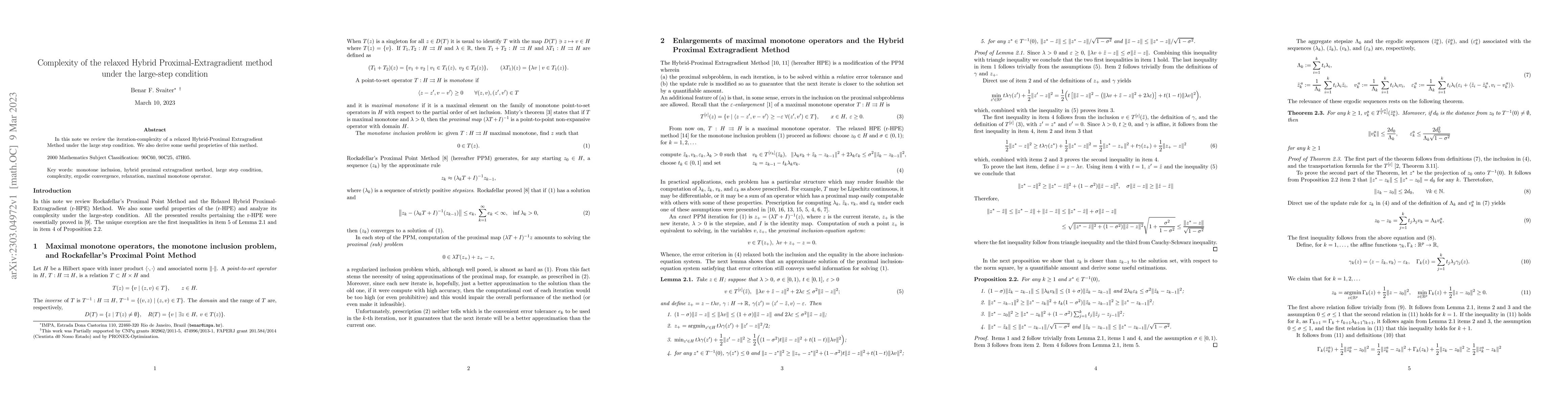 Thumbnail for Complexity of the relaxed Hybrid Proximal-Extragradient method under the
  large-step condition