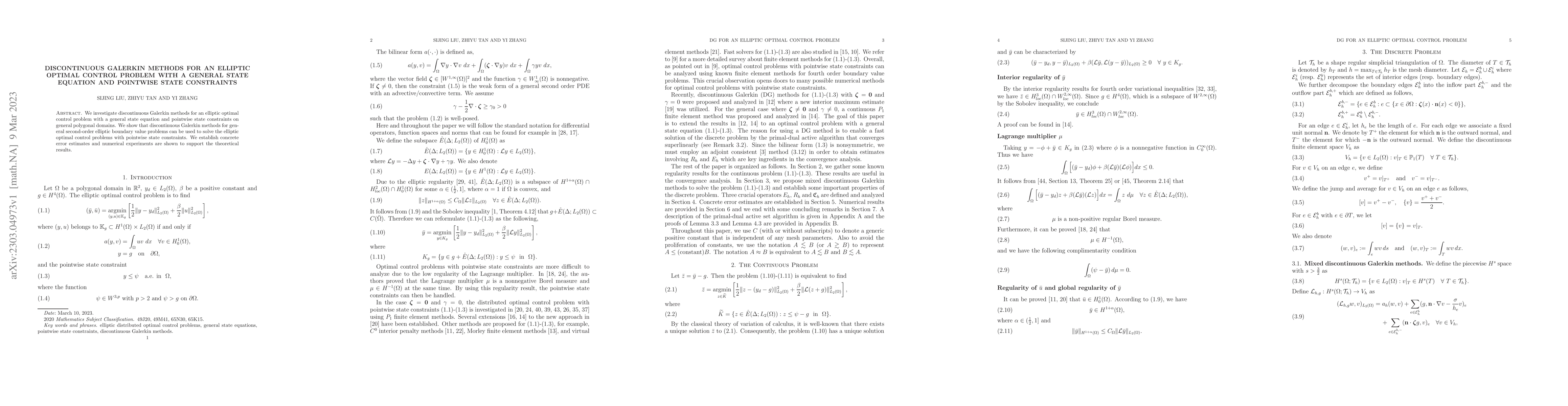 Thumbnail for Discontinuous Galerkin Methods for an Elliptic Optimal Control Problem
  with a General State Equation and Pointwise State Constraints