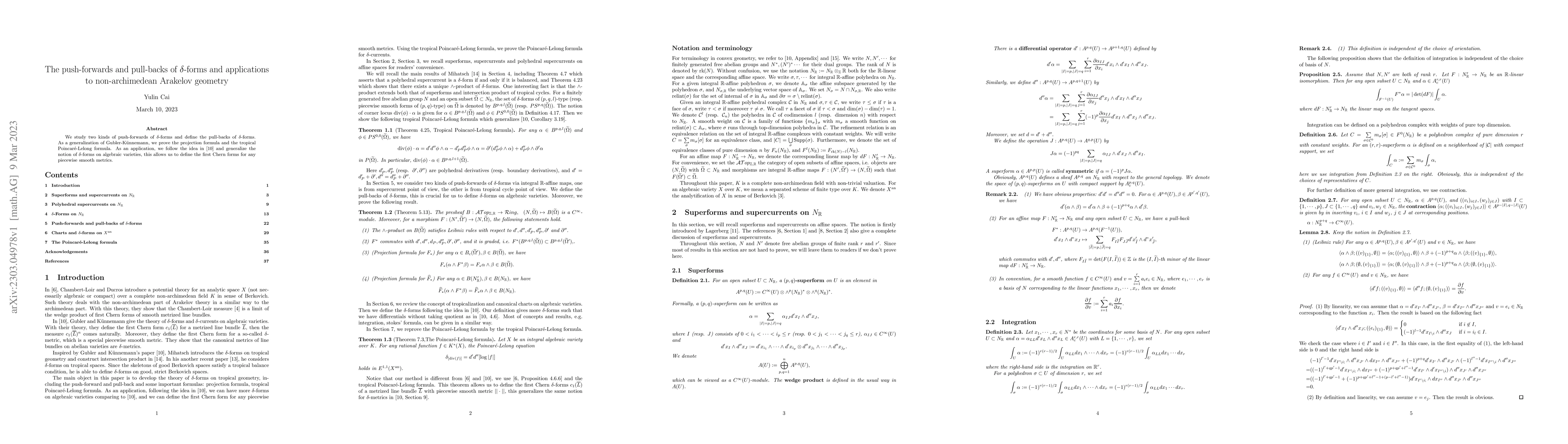 Thumbnail for The push-forwards and pull-backs of $\delta$-forms and applications to
  non-archimedean Arakelov geometry
