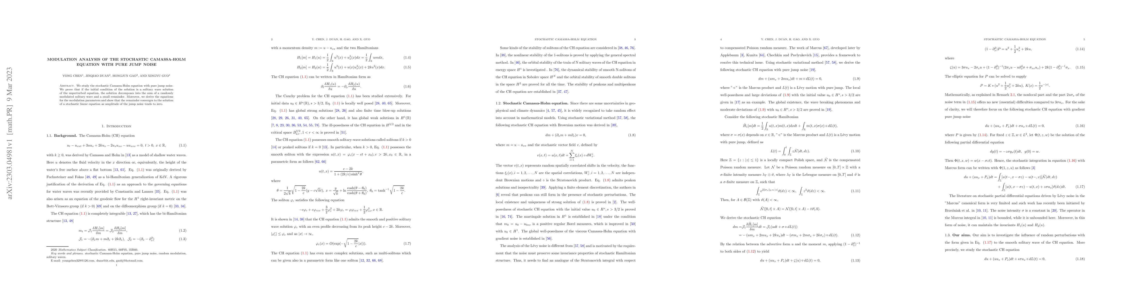 Thumbnail for Modulation analysis of the stochastic Camassa-Holm equation with pure
  jump noise