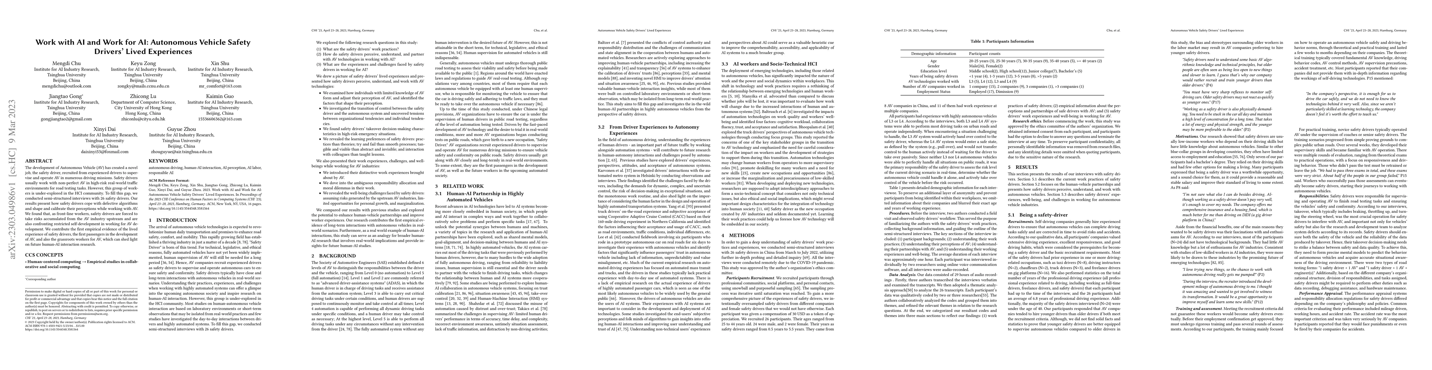 Thumbnail for Work with AI and Work for AI: Autonomous Vehicle Safety Drivers' Lived
  Experiences