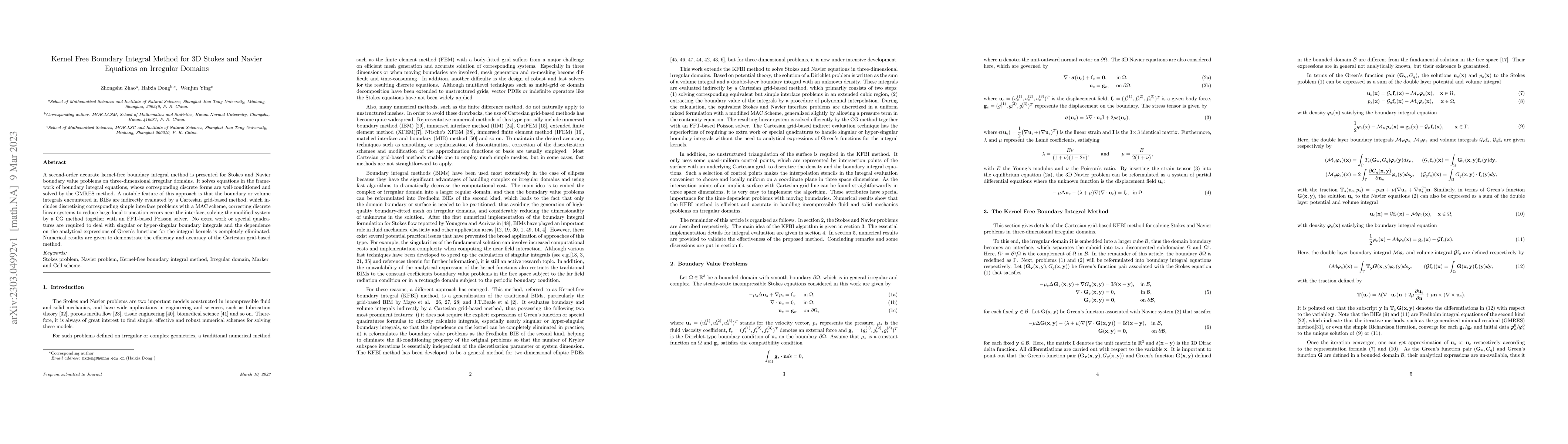 Thumbnail for Kernel Free Boundary Integral Method for 3D Stokes and Navier Equations
  on Irregular Domains