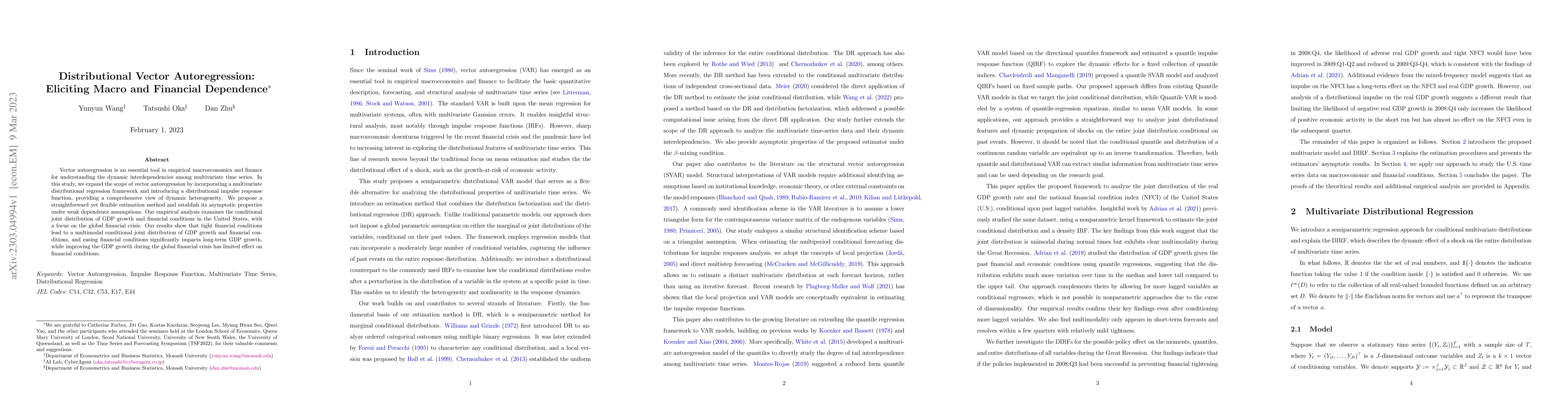 Thumbnail for Distributional Vector Autoregression: Eliciting Macro and Financial
  Dependence