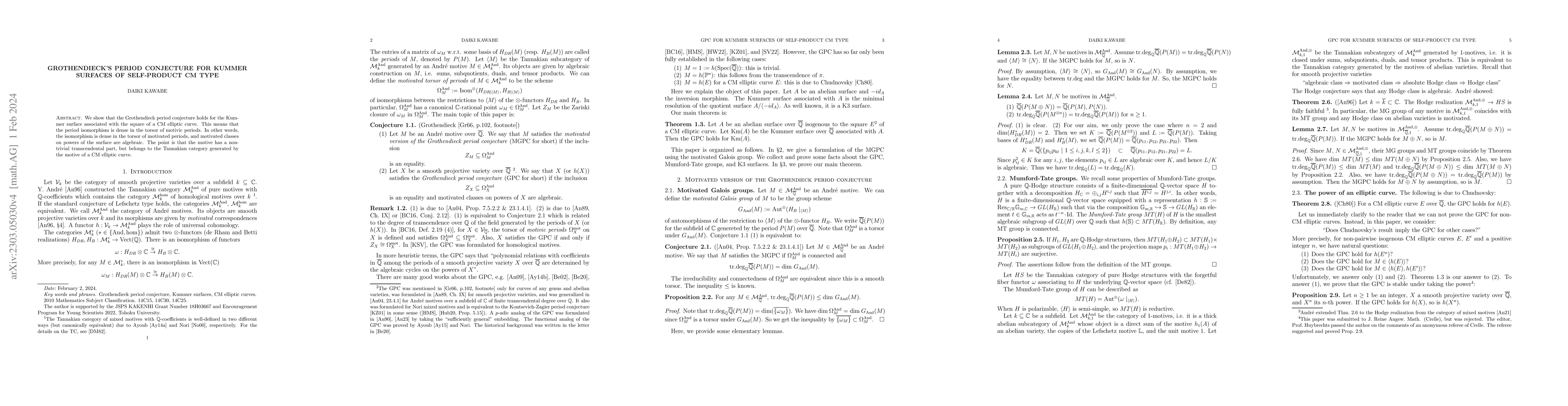 Thumbnail for Grothendieck's period conjecture for Kummer surfaces of self-product CM
  type