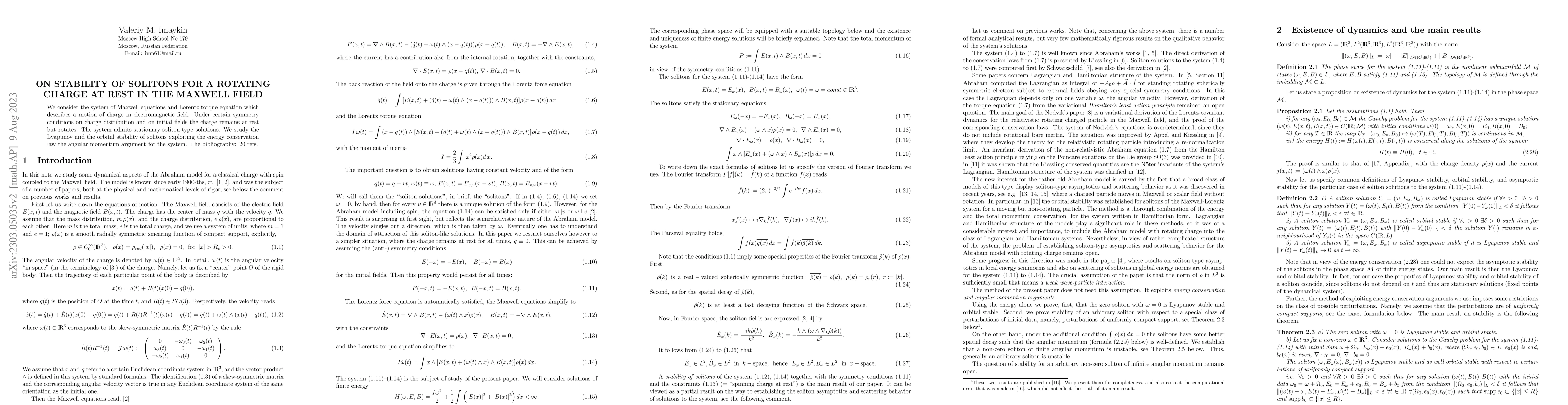 Thumbnail for On Stability of Solitons for a Rotating Charge at Rest in the Maxwell
  Field
