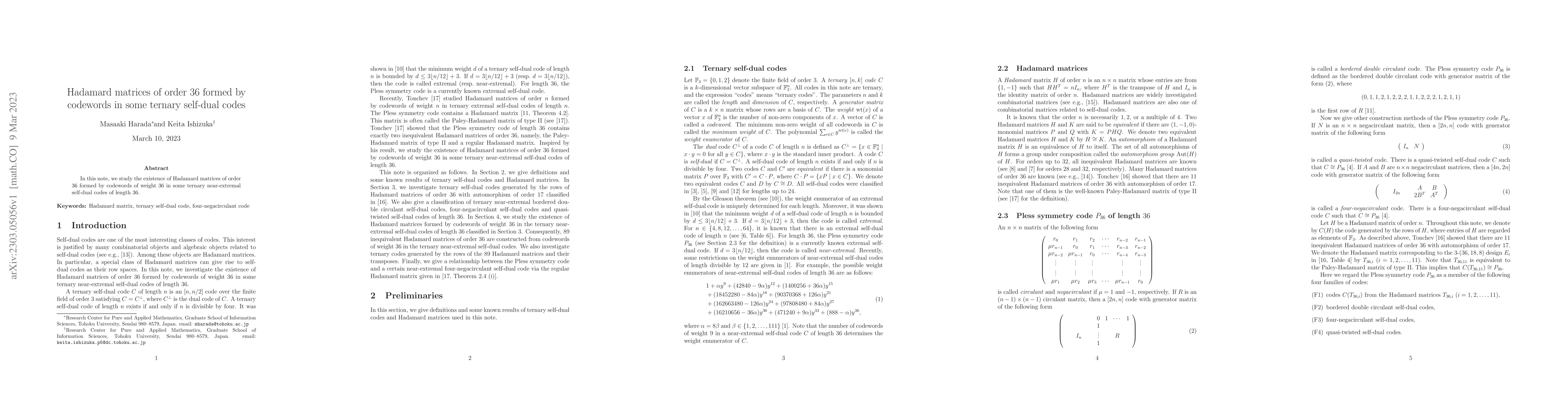 Thumbnail for Hadamard matrices of order $36$ formed by codewords in some ternary
  self-dual codes