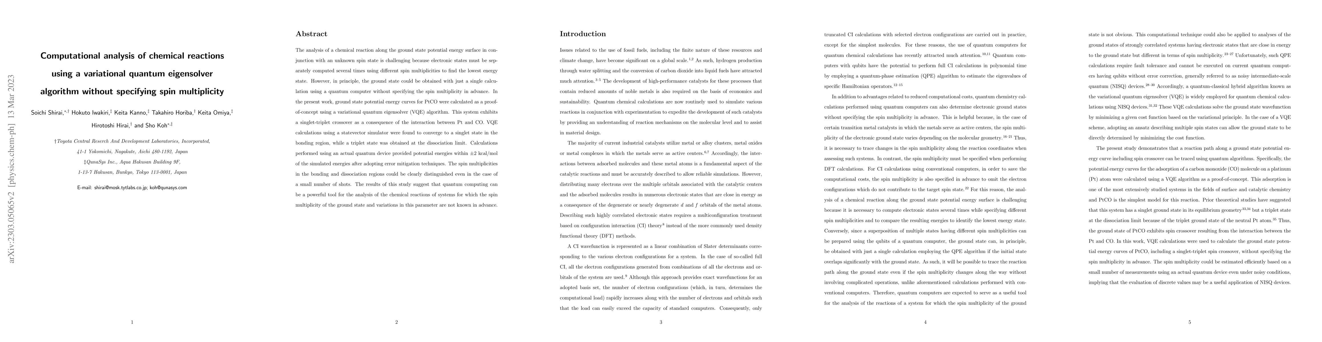 Thumbnail for Computational analysis of chemical reactions using a variational quantum
  eigensolver algorithm without specifying spin multiplicity