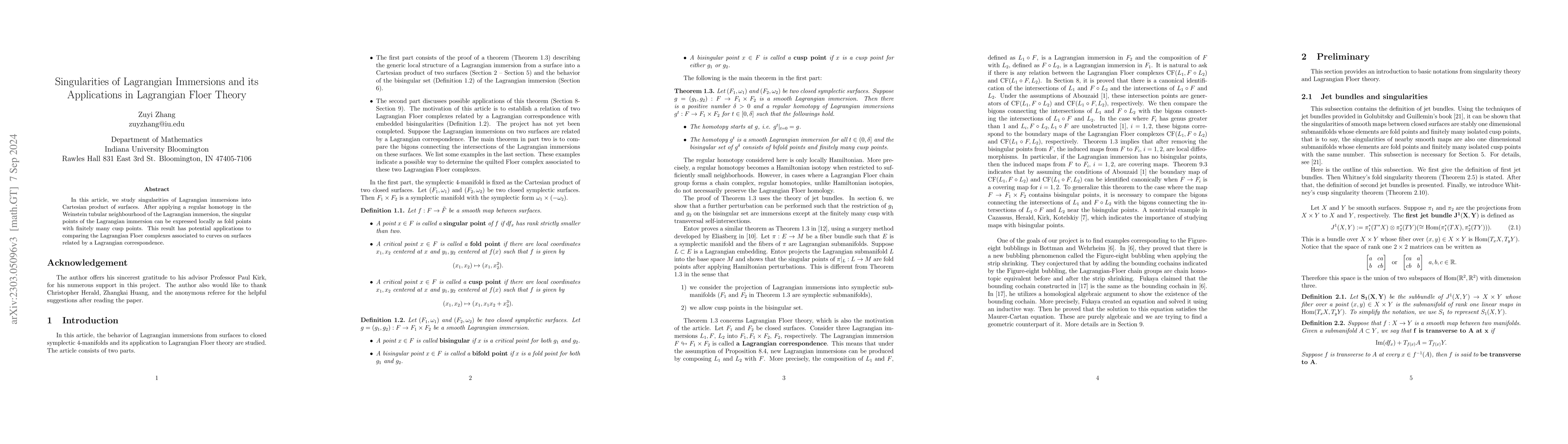 Thumbnail for Singularities of Lagrangian Immersions and its Applications in
  Lagrangian Floer Theory