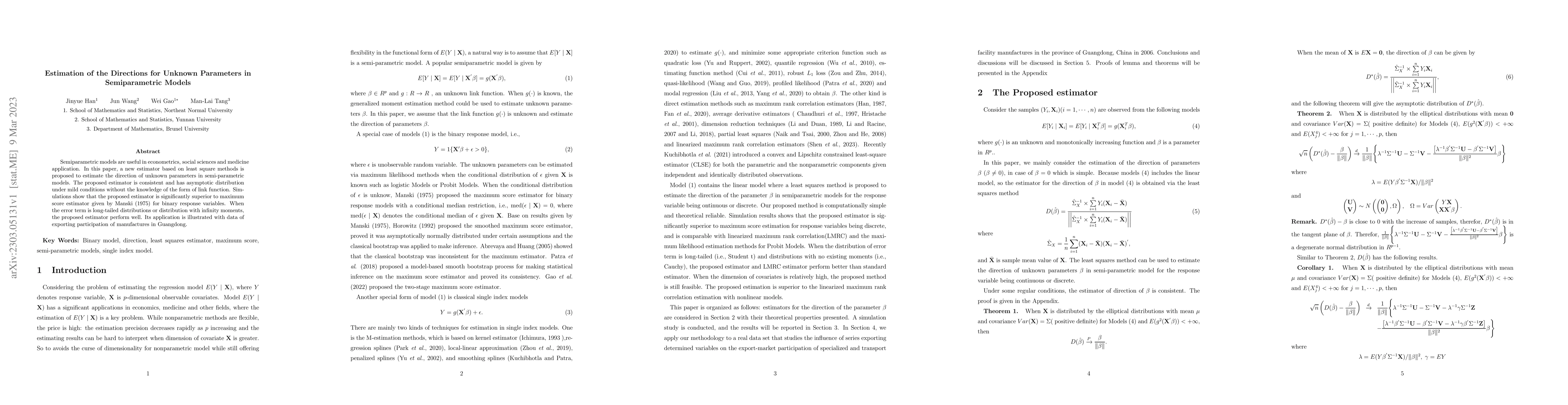 Thumbnail for Estimation of the Directions for Unknown Parameters in Semiparametric
  Models