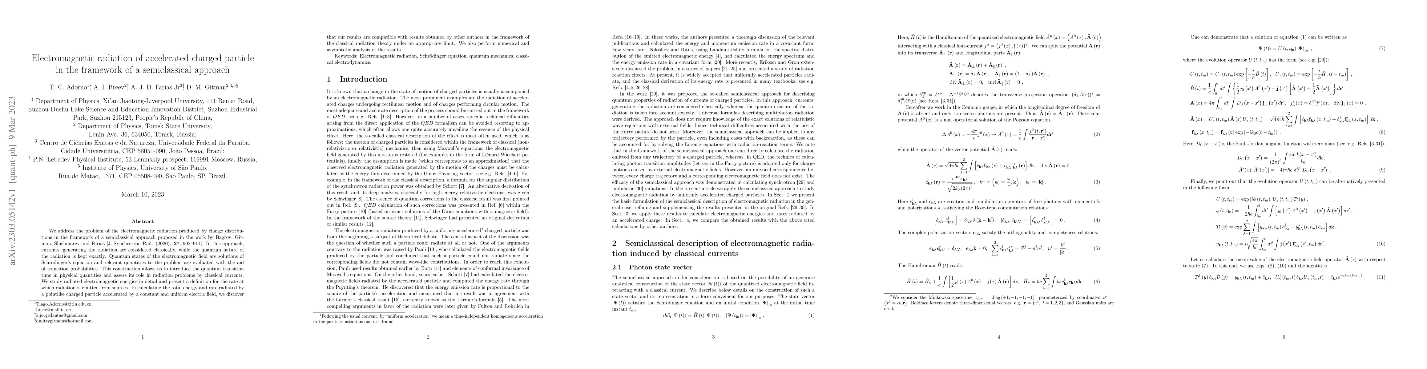 Thumbnail for Electromagnetic radiation of accelerated charged particle in the
  framework of a semiclassical approach