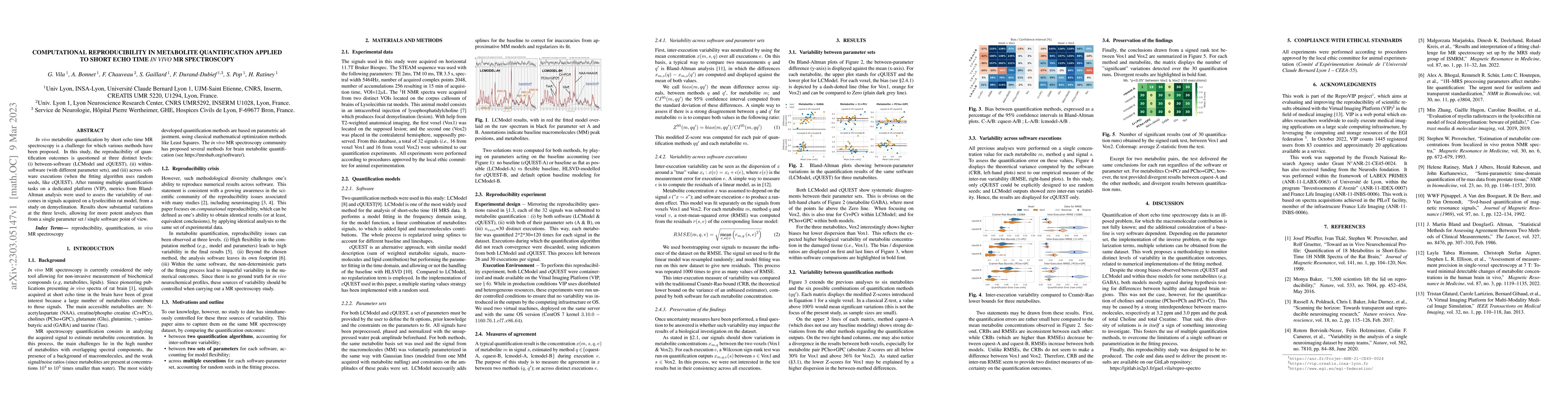 Thumbnail for Computational Reproducibility in Metabolite Quantification Applied to
  Short Echo Time in Vivo MR Spectroscopy