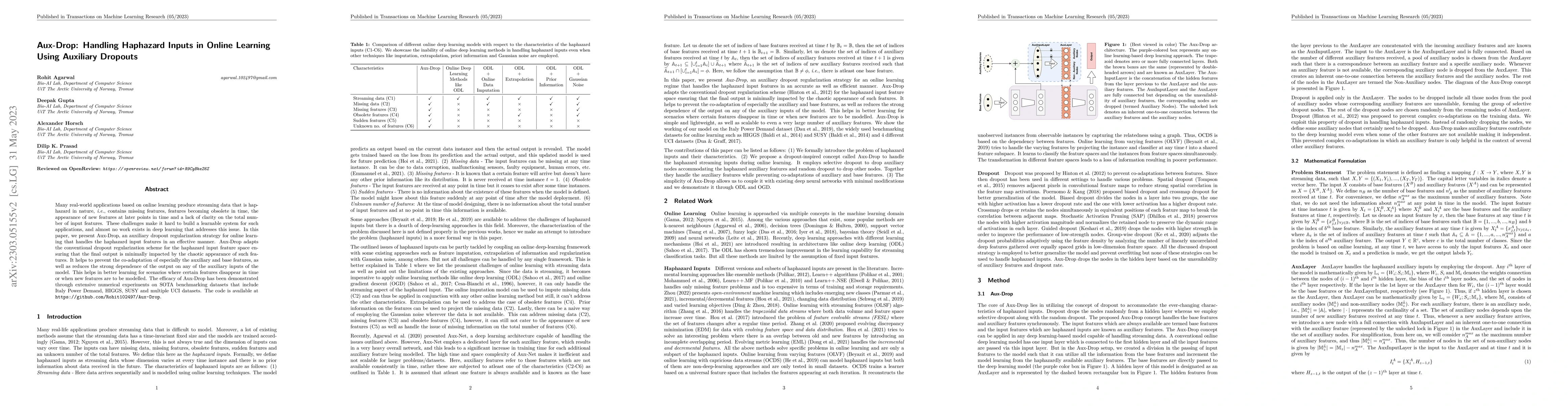 Thumbnail for Aux-Drop: Handling Haphazard Inputs in Online Learning Using Auxiliary
  Dropouts
