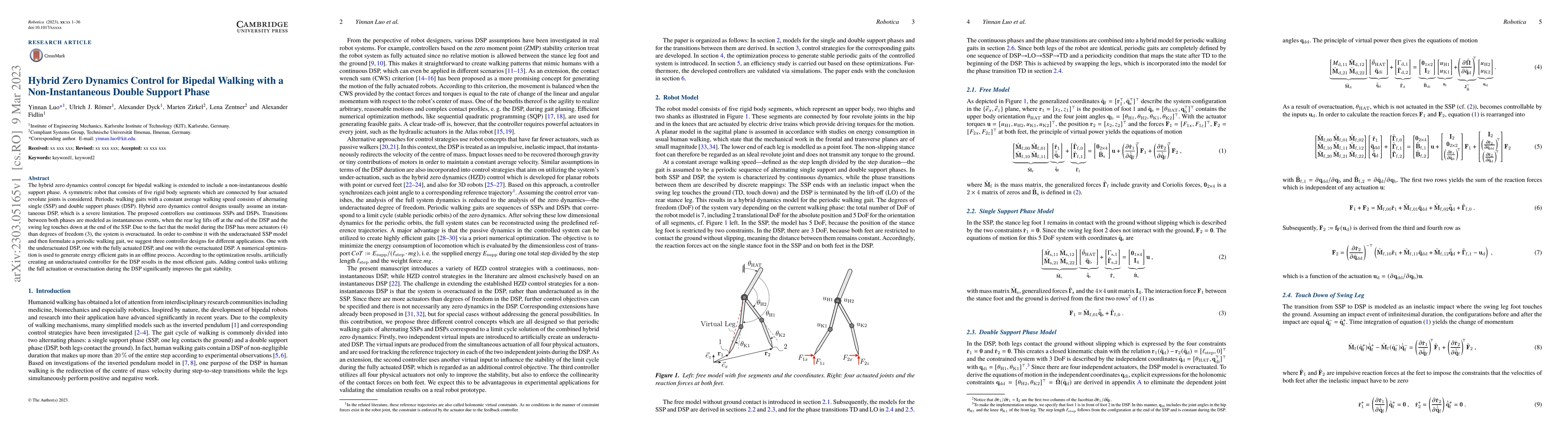 Thumbnail for Hybrid Zero Dynamics Control for Bipedal Walking with a
  Non-Instantaneous Double Support Phase