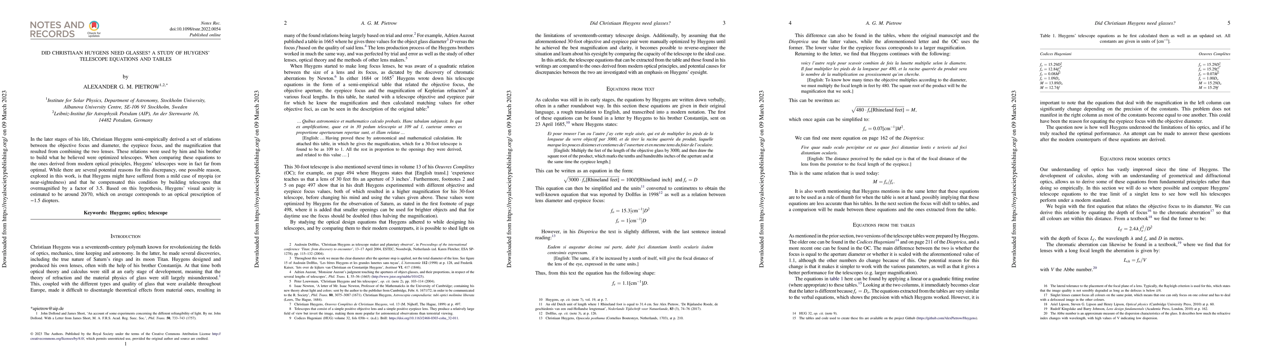 Thumbnail for Did Christiaan Huygens need glasses? A study of Huygens' telescope
  equations and tables