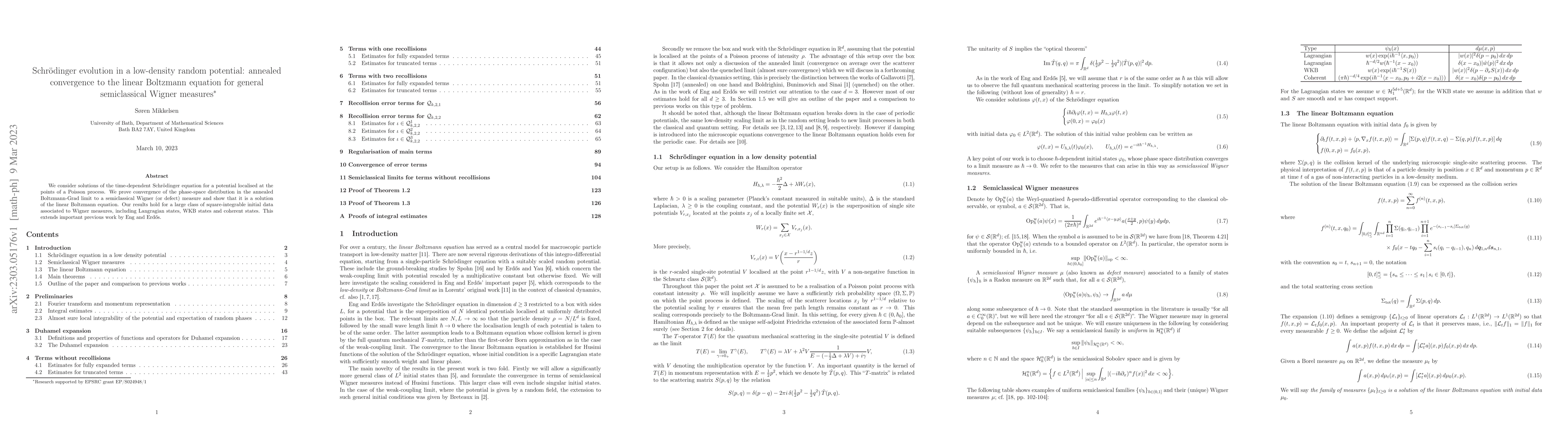 Thumbnail for Schr\"odinger evolution in a low-density random potential: annealed
  convergence to the linear Boltzmann equation for general semiclassical Wigner
  measures