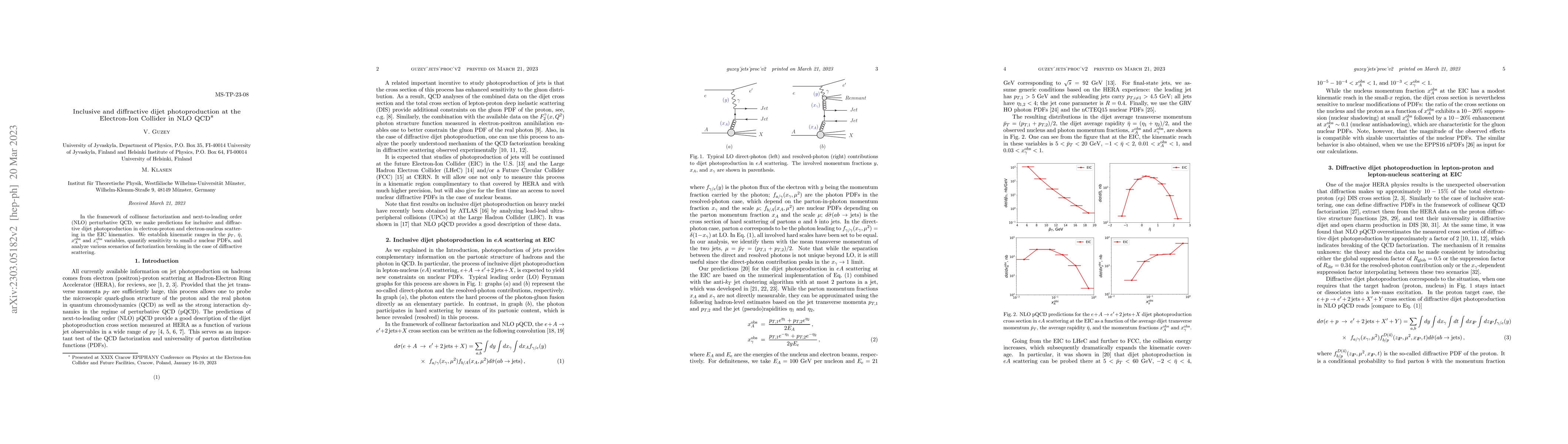 Thumbnail for Inclusive and diffractive dijet photoproduction at the Electron-Ion
  Collider in NLO QCD