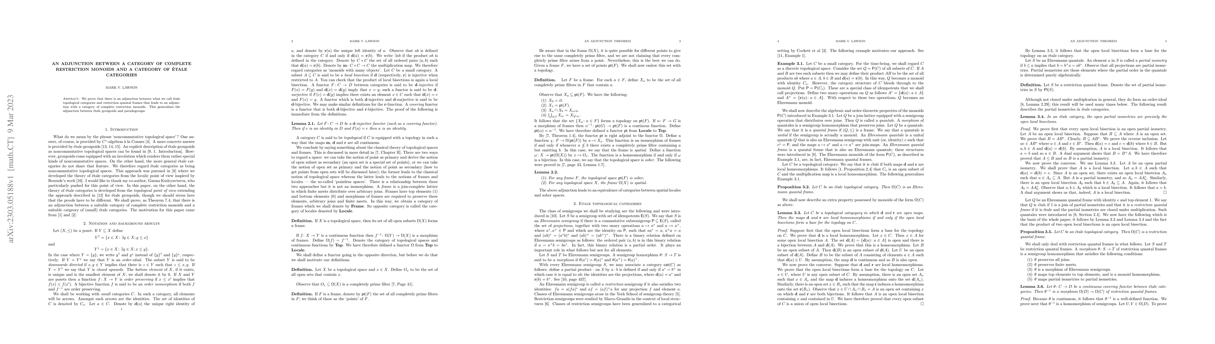 Thumbnail for An adjunction between a category of complete restriction monoids and a
  category of \'etale categories