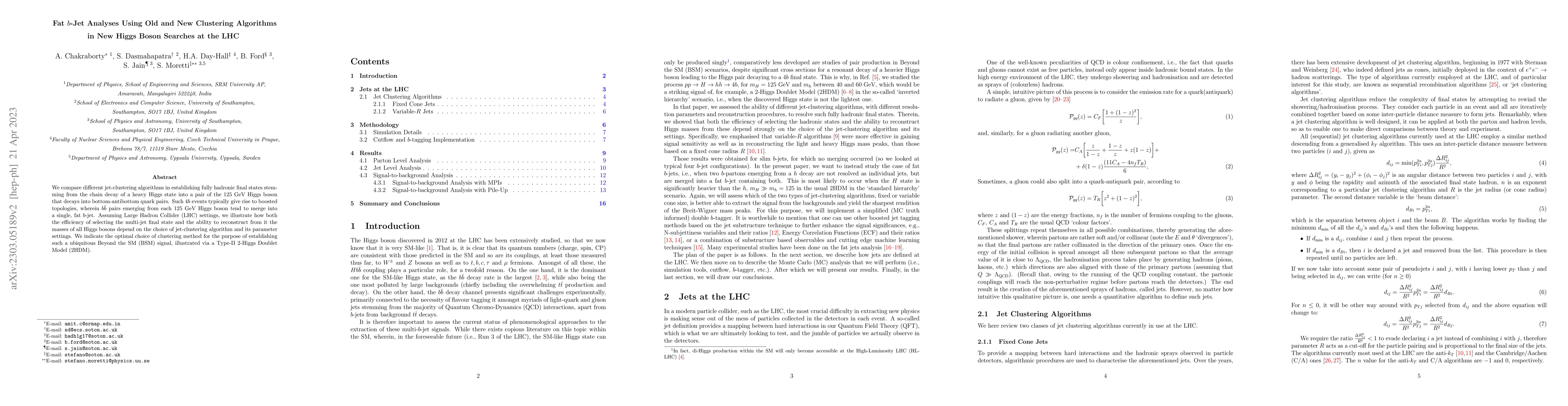 Thumbnail for Fat $b$-Jet Analyses Using Old and New Clustering Algorithms in New
  Higgs Boson Searches at the LHC