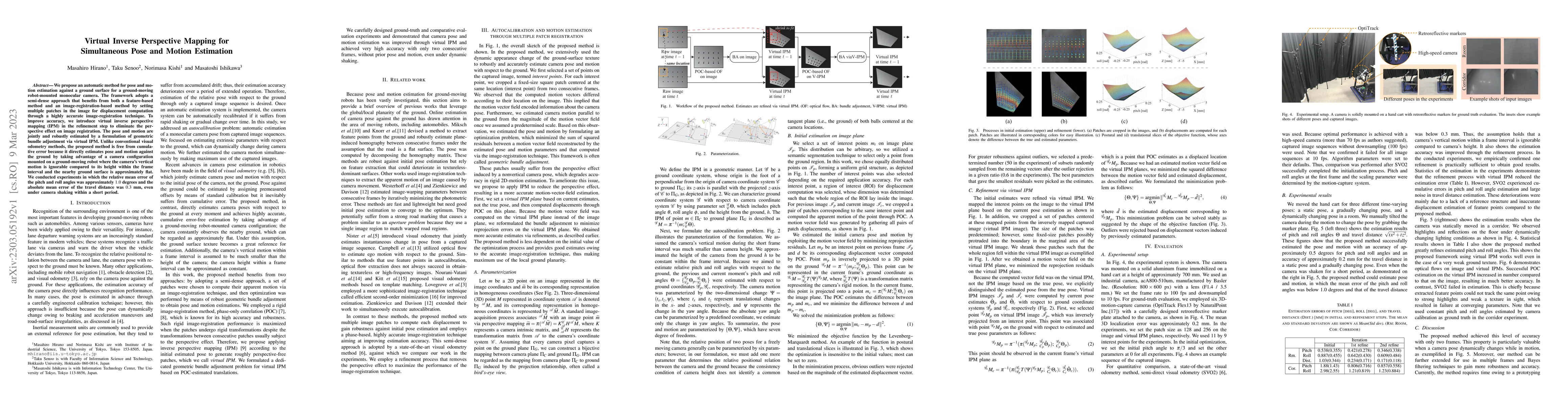 Thumbnail for Virtual Inverse Perspective Mapping for Simultaneous Pose and Motion
  Estimation