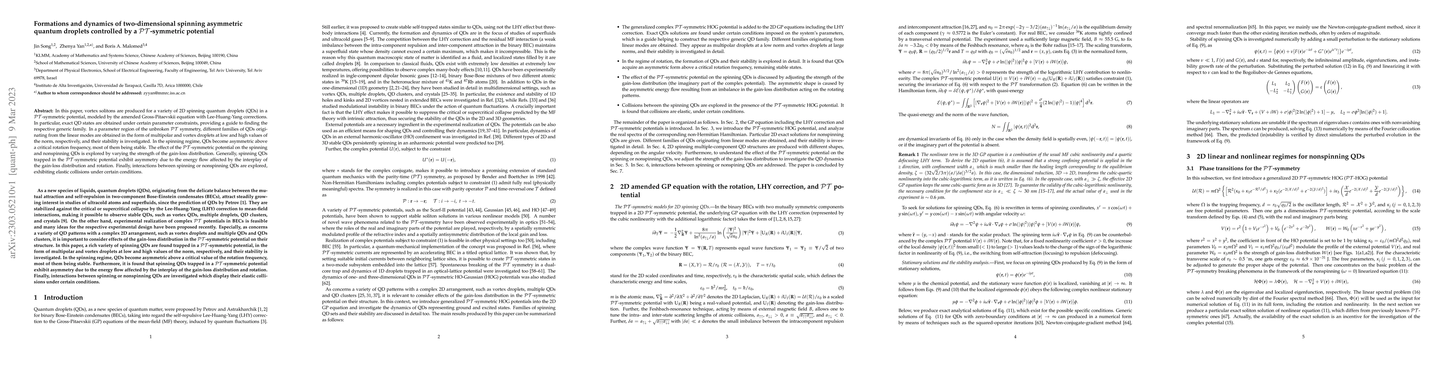 Thumbnail for Formations and dynamics of two-dimensional spinning asymmetric quantum
  droplets controlled by a PT-symmetric potential