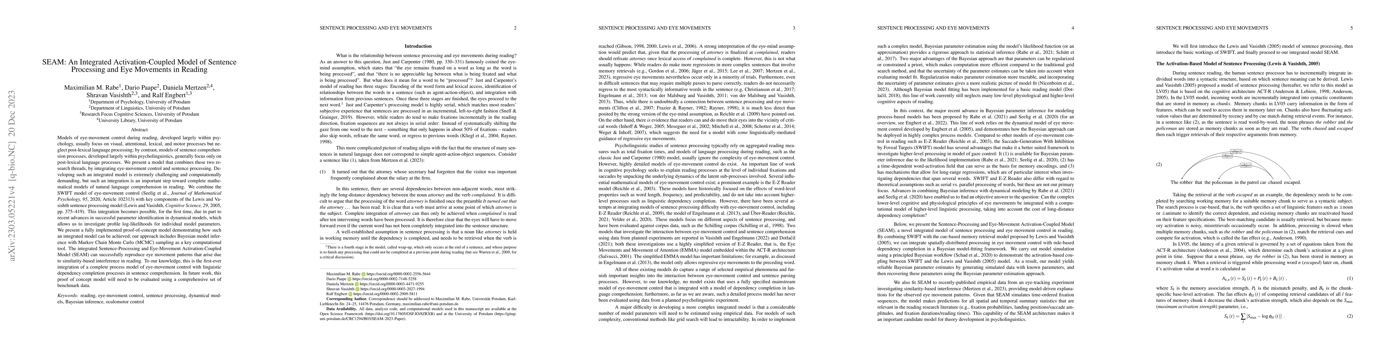 Thumbnail for SEAM: An Integrated Activation-Coupled Model of Sentence Processing and
  Eye Movements in Reading