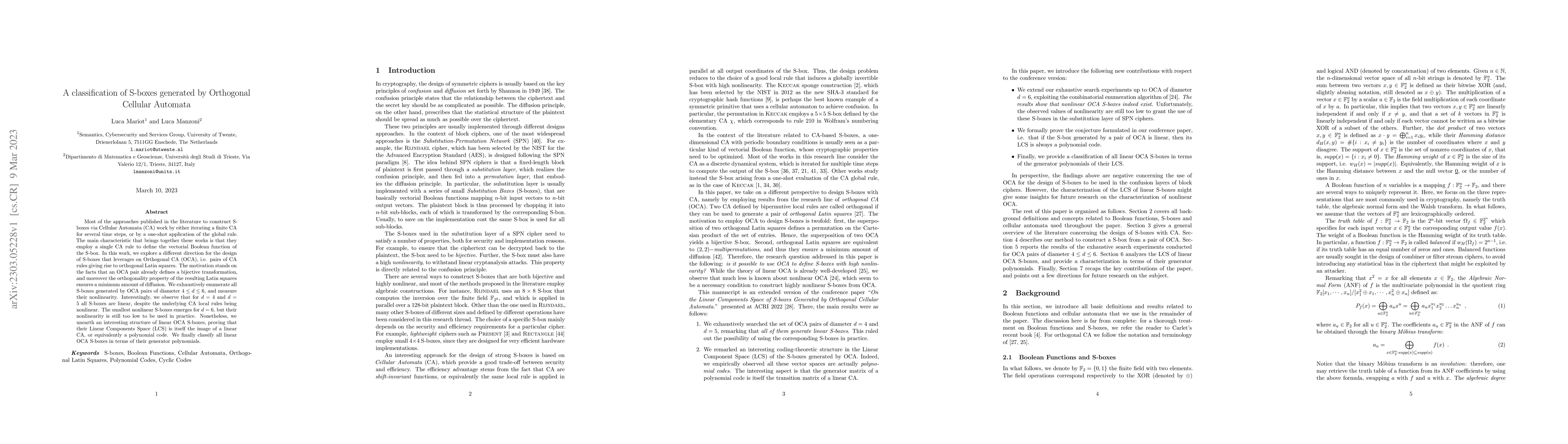 Thumbnail for A classification of S-boxes generated by Orthogonal Cellular Automata