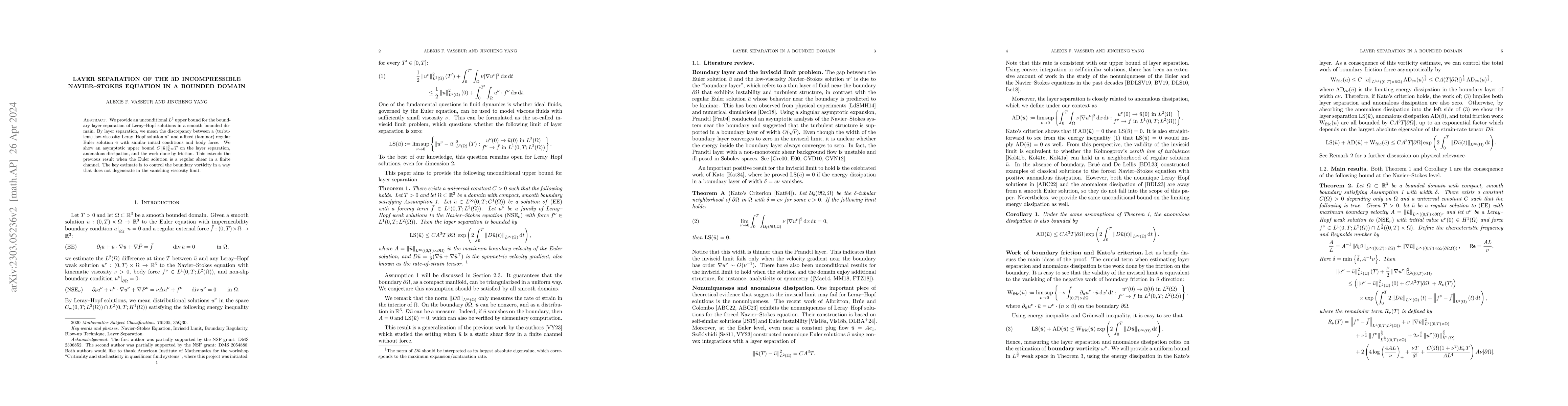 Thumbnail for Layer separation of the 3D incompressible Navier-Stokes equation in a
  bounded domain