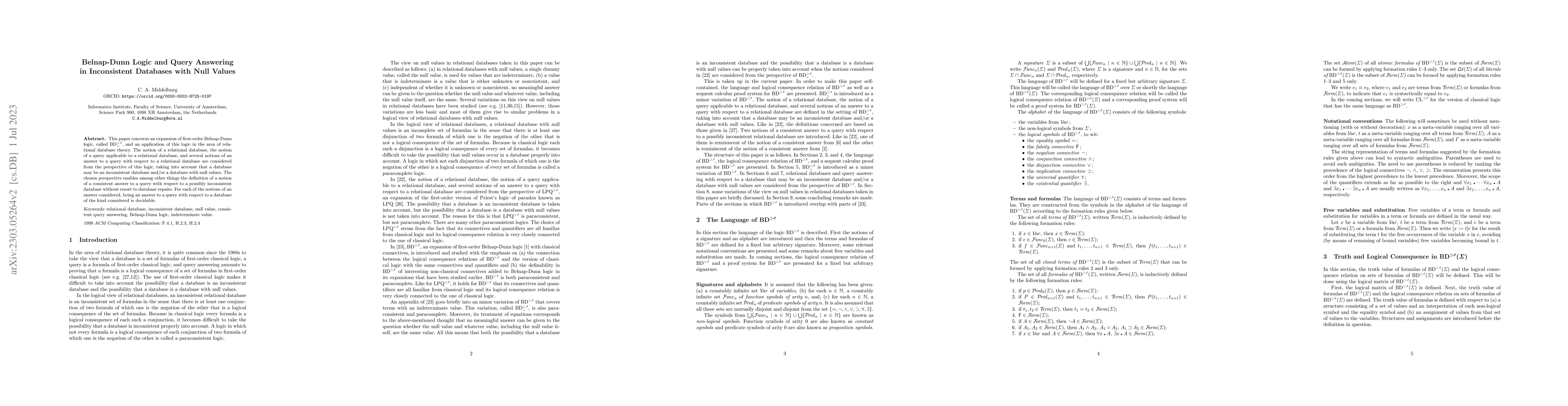 Thumbnail for Belnap-Dunn logic and query answering in inconsistent databases with
  null values