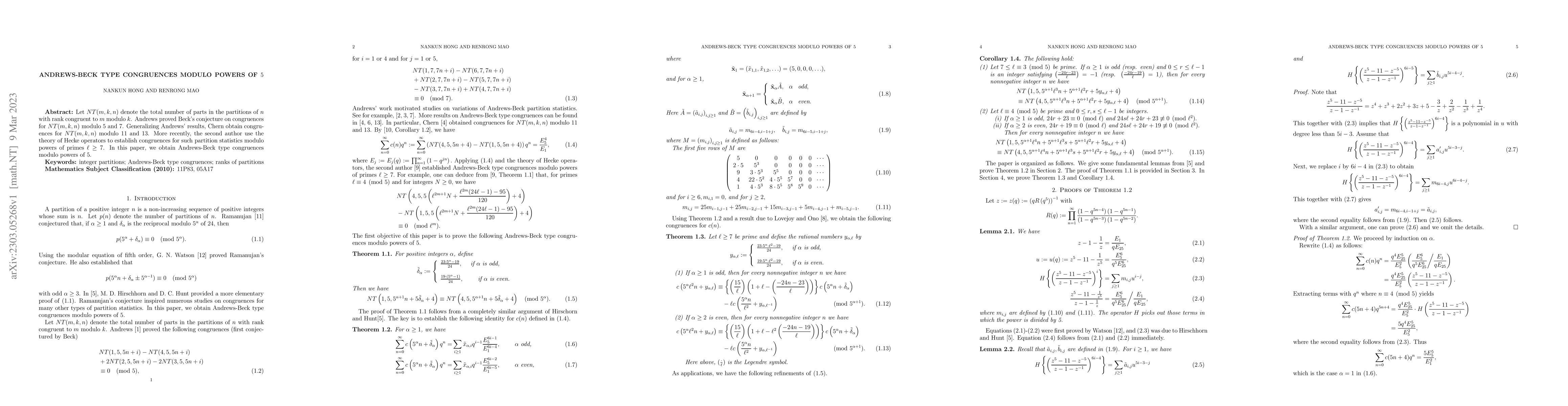 Thumbnail for Andrews-Beck type congrences modulo powers of 5