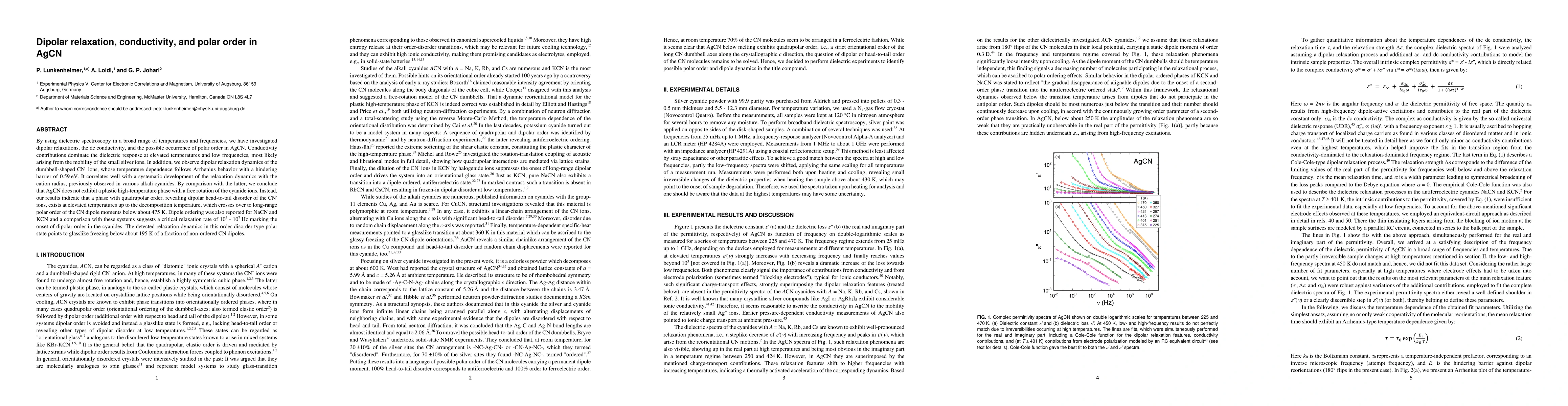 Thumbnail for Dipolar relaxation, conductivity, and polar order in AgCN