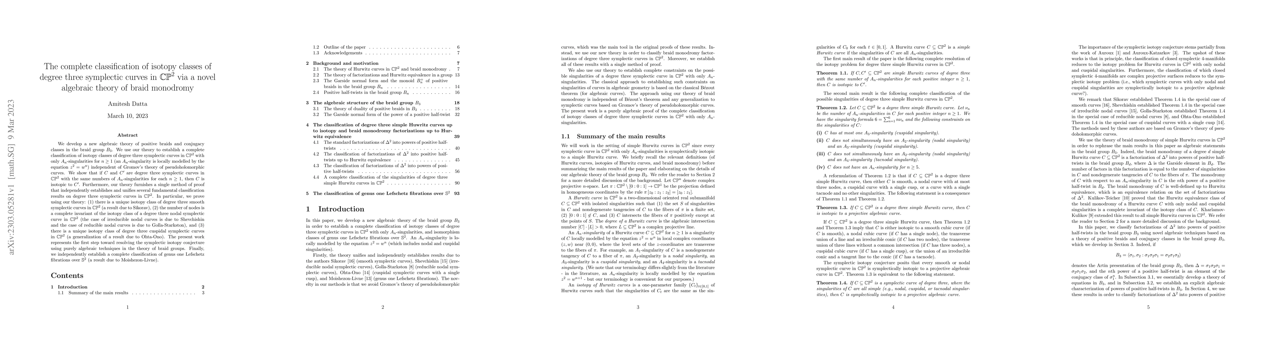 Thumbnail for The complete classification of isotopy classes of degree three
  symplectic curves in $\mathbb{CP}^2$ via a novel algebraic theory of braid
  monodromy