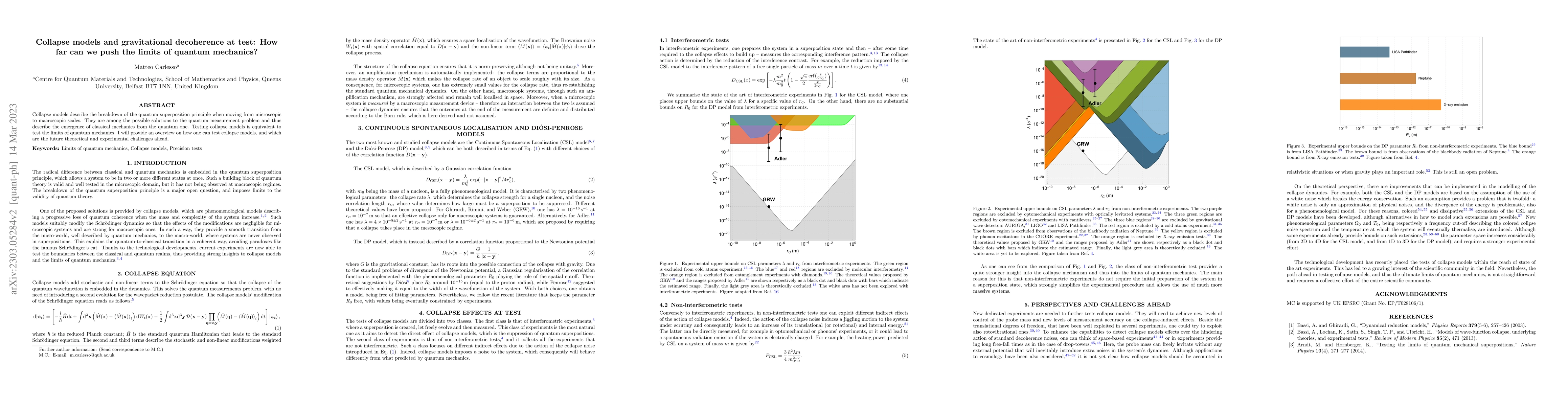 Thumbnail for Collapse models and gravitational decoherence at test: How far can we
  push the limits of quantum mechanics?