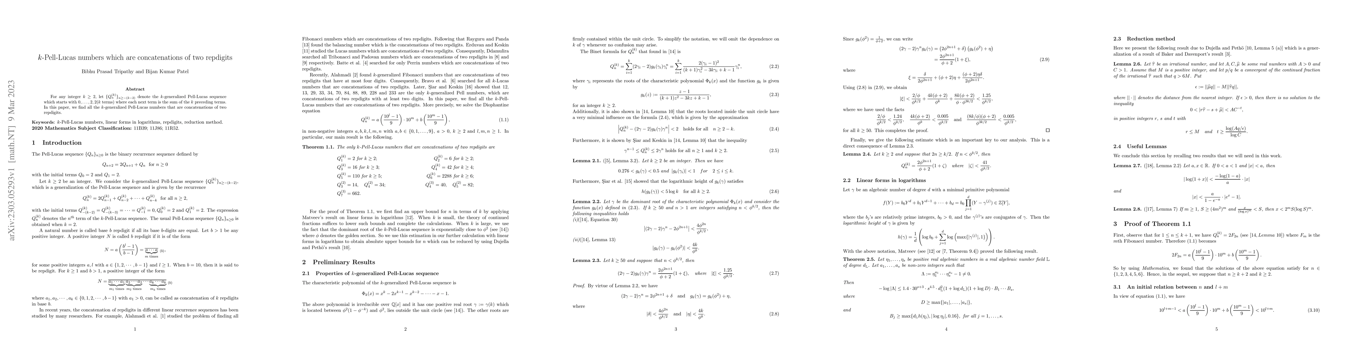 Thumbnail for $k$-Pell-Lucas numbers which are concatenations of two repdigits
