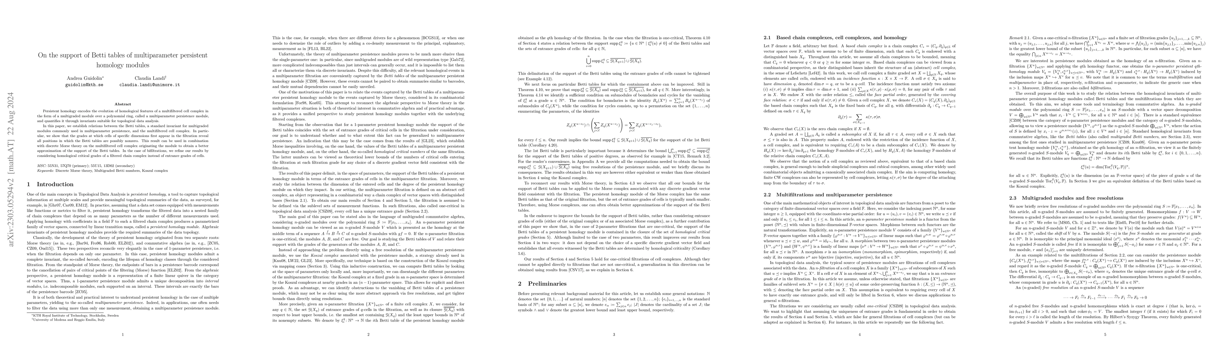 Thumbnail for On the support of Betti tables of multiparameter persistent homology
  modules