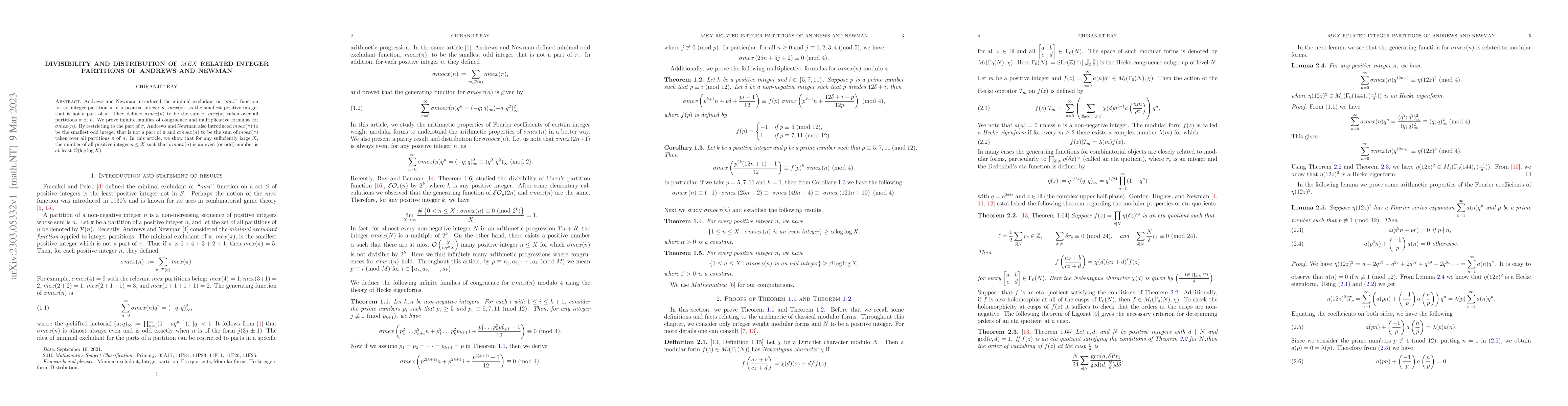 Thumbnail for Divisibility and distribution of $MEX$ related integer partitions of
  Andrews and Newman