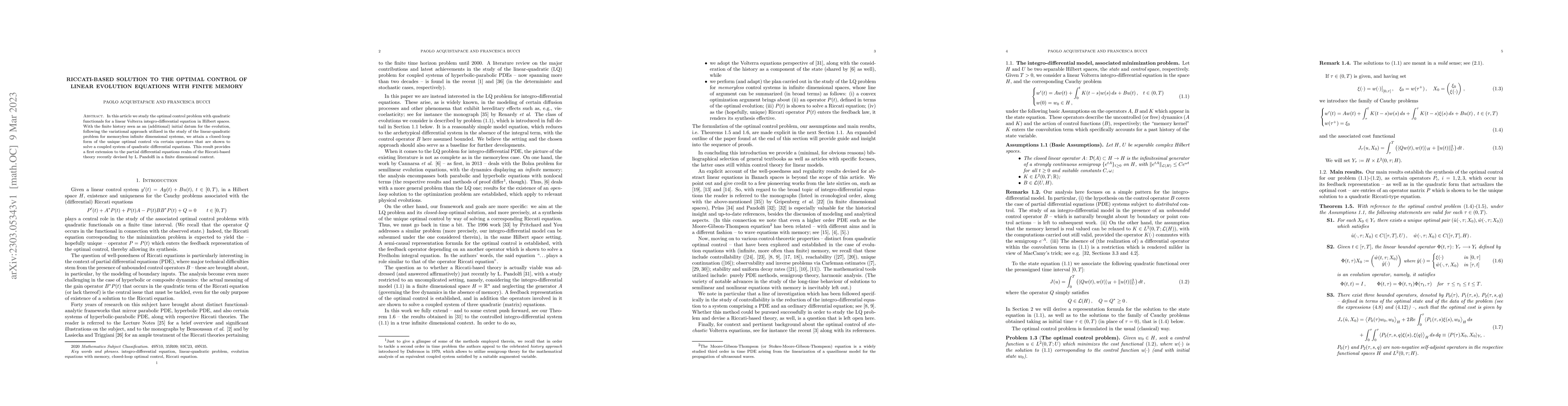 Thumbnail for Riccati-based solution to the optimal control of linear evolution
  equations with finite memory