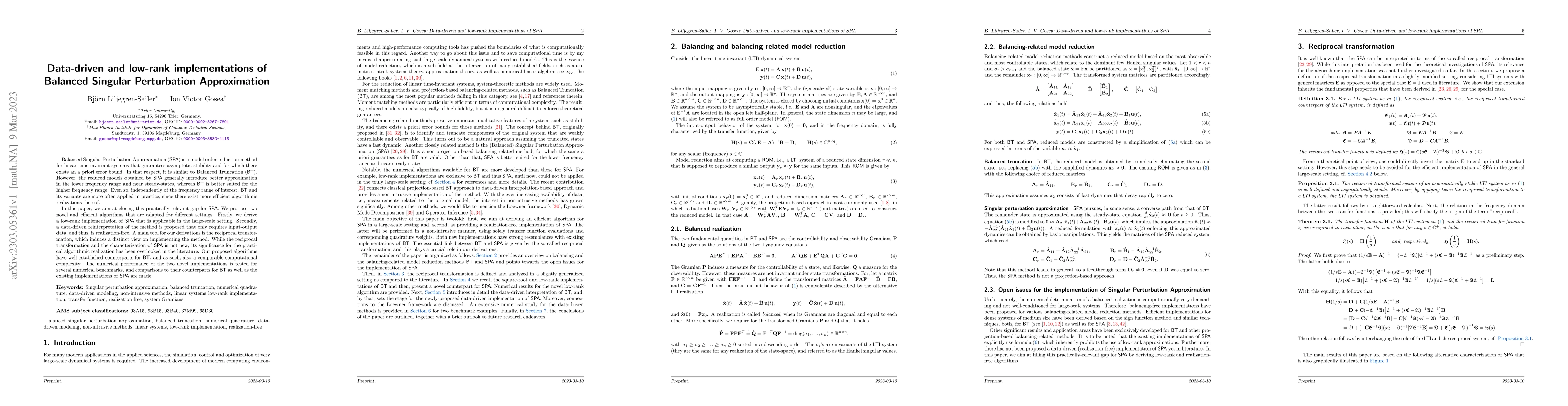 Thumbnail for Data-driven and low-rank implementations of Balanced Singular
  Perturbation Approximation