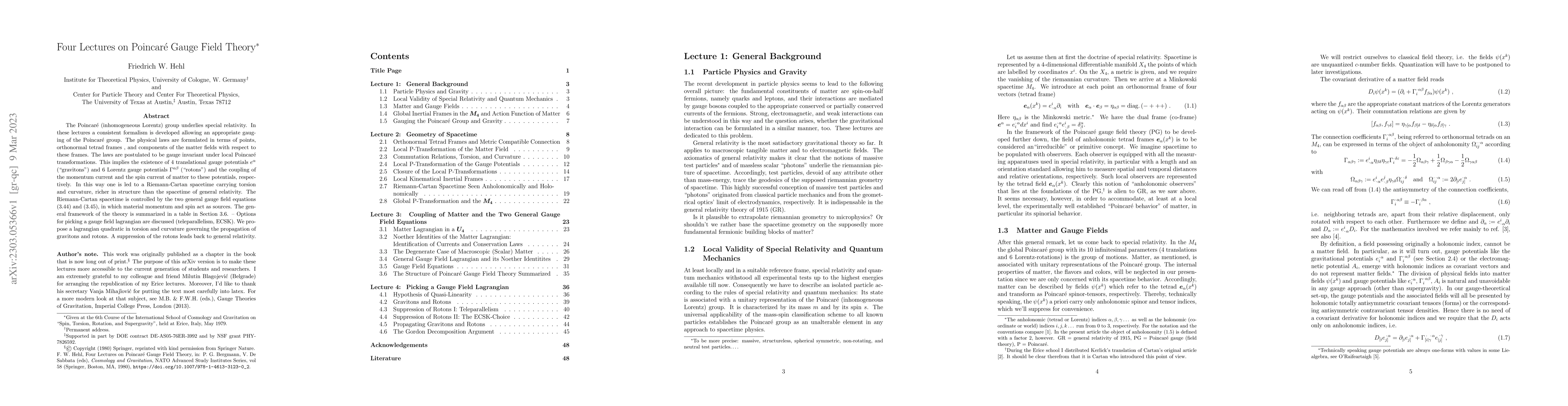 Thumbnail for Four Lectures on Poincar\'e Gauge Field Theory